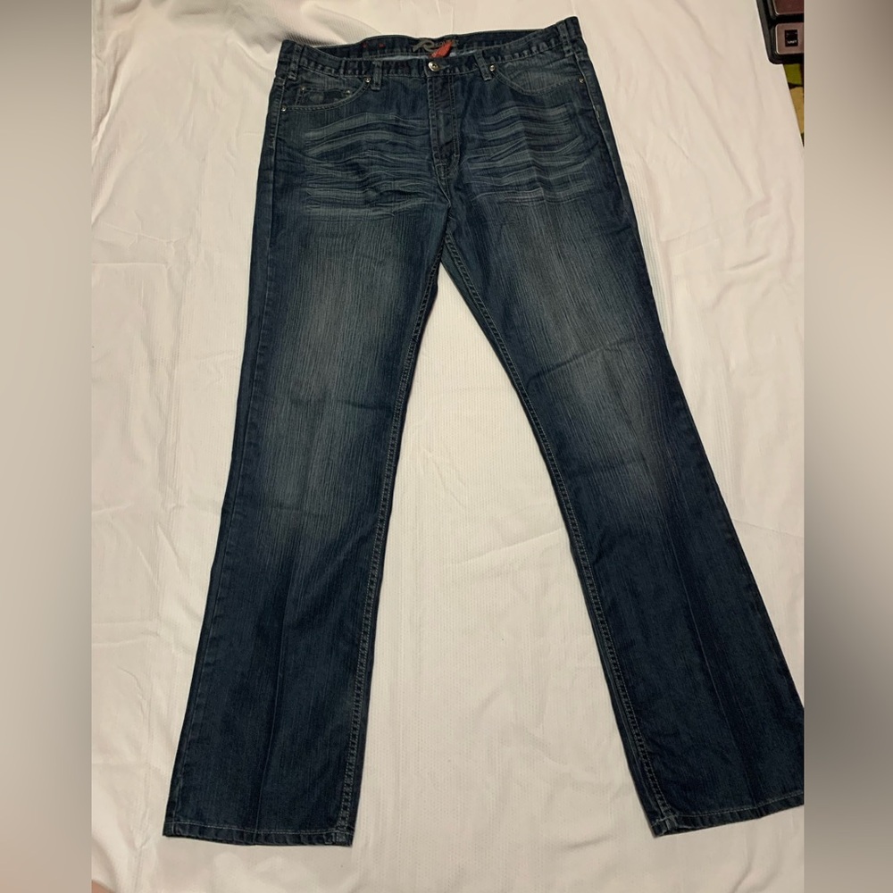Request jeans mens 38 x 34 relaxed fit bootcut Flap pocket blue denim pants